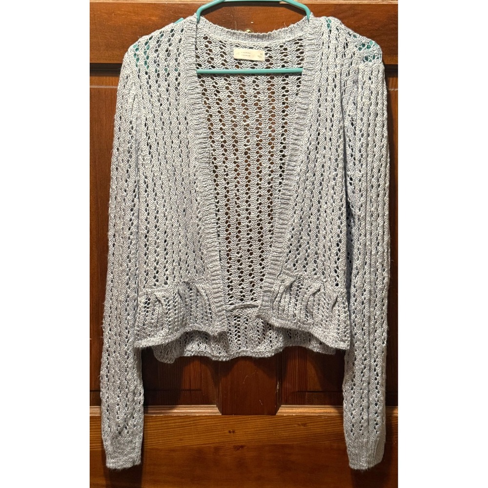 LC Lauren Conrad Light Blue Open Knit Crochet Cropped Cardigan Ruffle Hem Medium